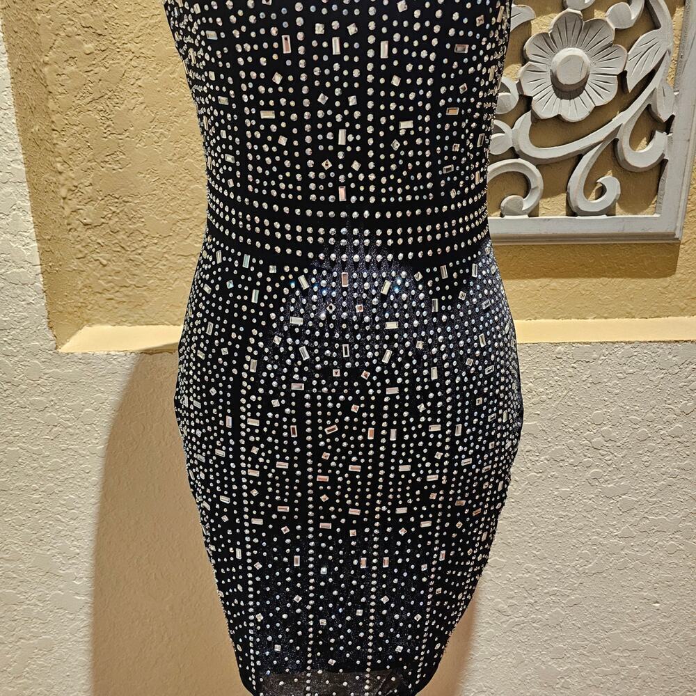 Windsor Heat XS Stone Rhinestone Bodycon Mini Dress Black Sleeveless Party Glam - Picture 6 of 14